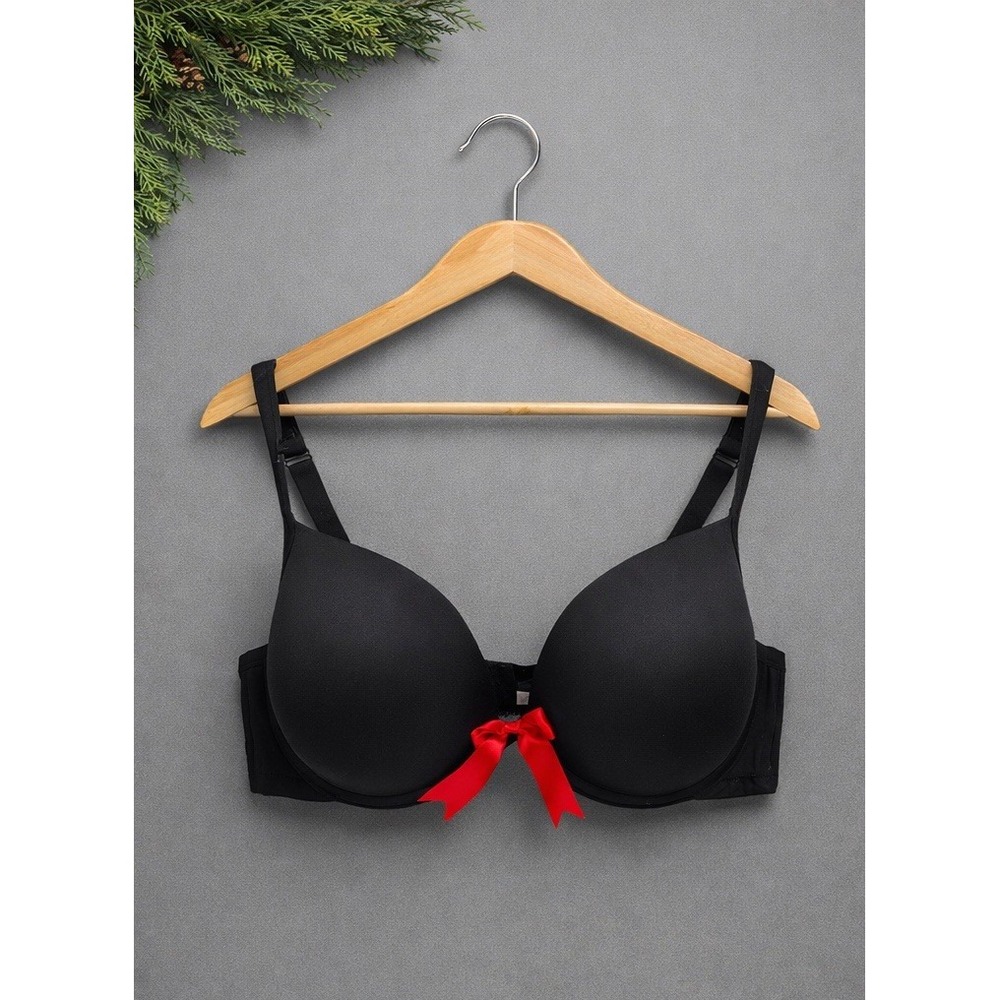 New Cacique Bra Plunge Push Up Size 44D Blacr Red Bow Smooth Sass Underwire
